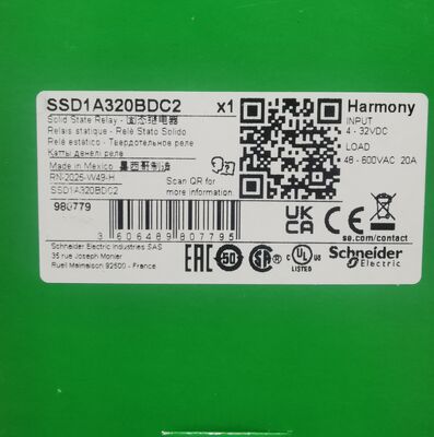 รีเลย์โซลิดสเตต Schneider Electric SSD1A320BDC2 SSR ติดตั้งบนราง DIN กระแสโหลด 20A เอาต์พุต 48-600V AC ควบคุม 4-32V DC