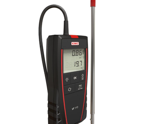 KIMO  VT 110 / VT 115 Hotwire thermo-anemometer measuring airflow, air velocity and temperature with its hot wire probe.